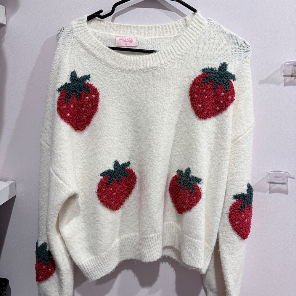 Pink Lily Cream Sweater with Red Strawberry Pattern